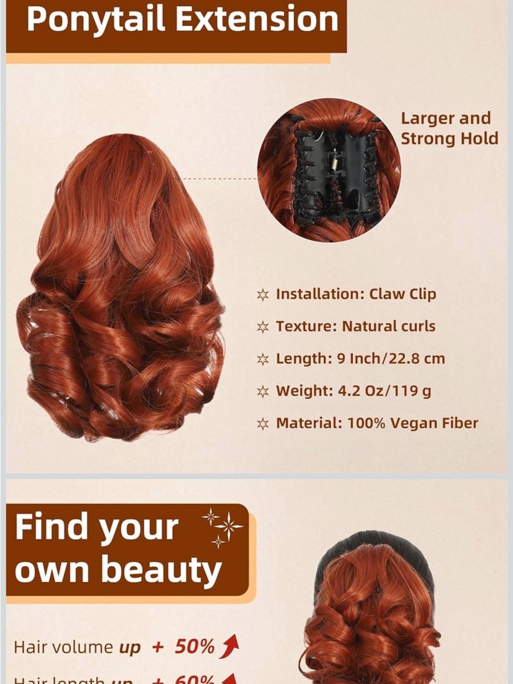 COPPER RED 9” PONY TAIL HAIR EXTENSION (NIB)